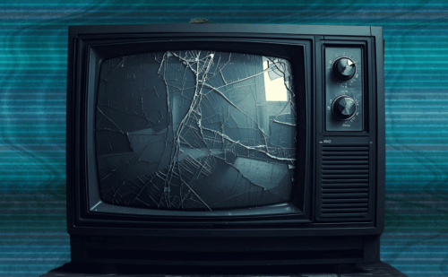 A broken TV in front of a background of dark blue static
