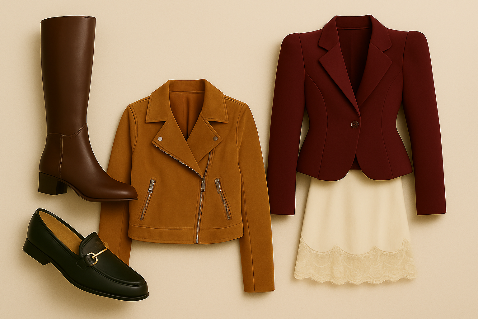 Image of riding boots, loafers, suede jacket, lace skirt, and structured blazer.