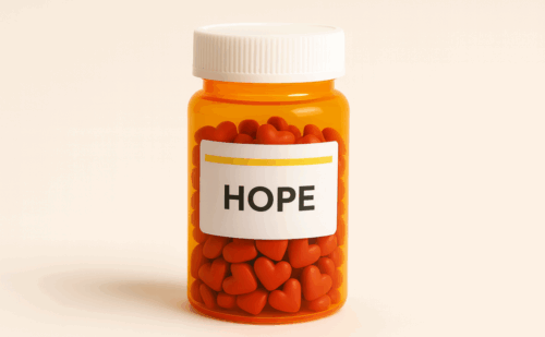 a prescription bottle with "hope" on it