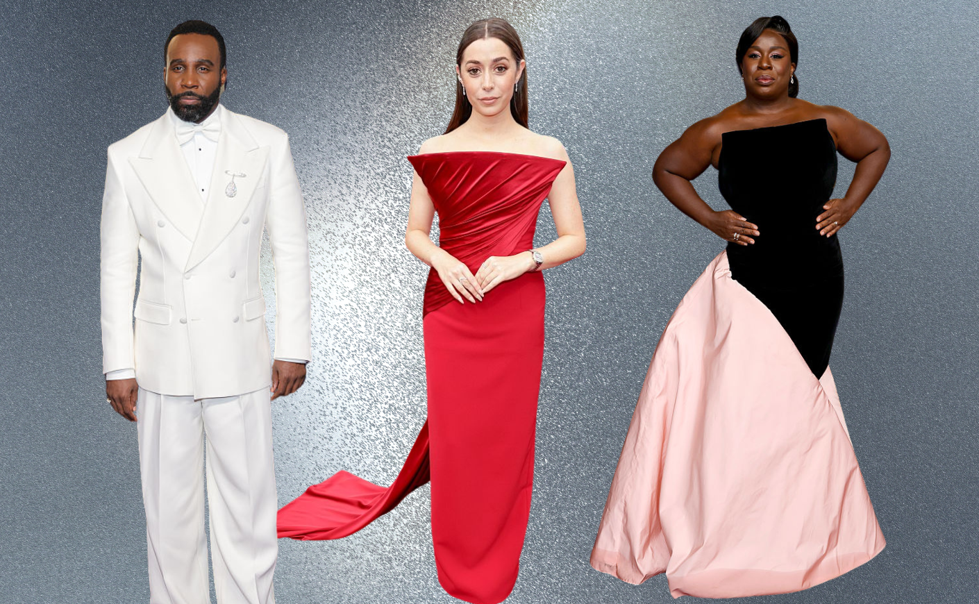 Tramell Tillman, Cristin Milioti, and Uza Aduba at the Emmys on a silver background