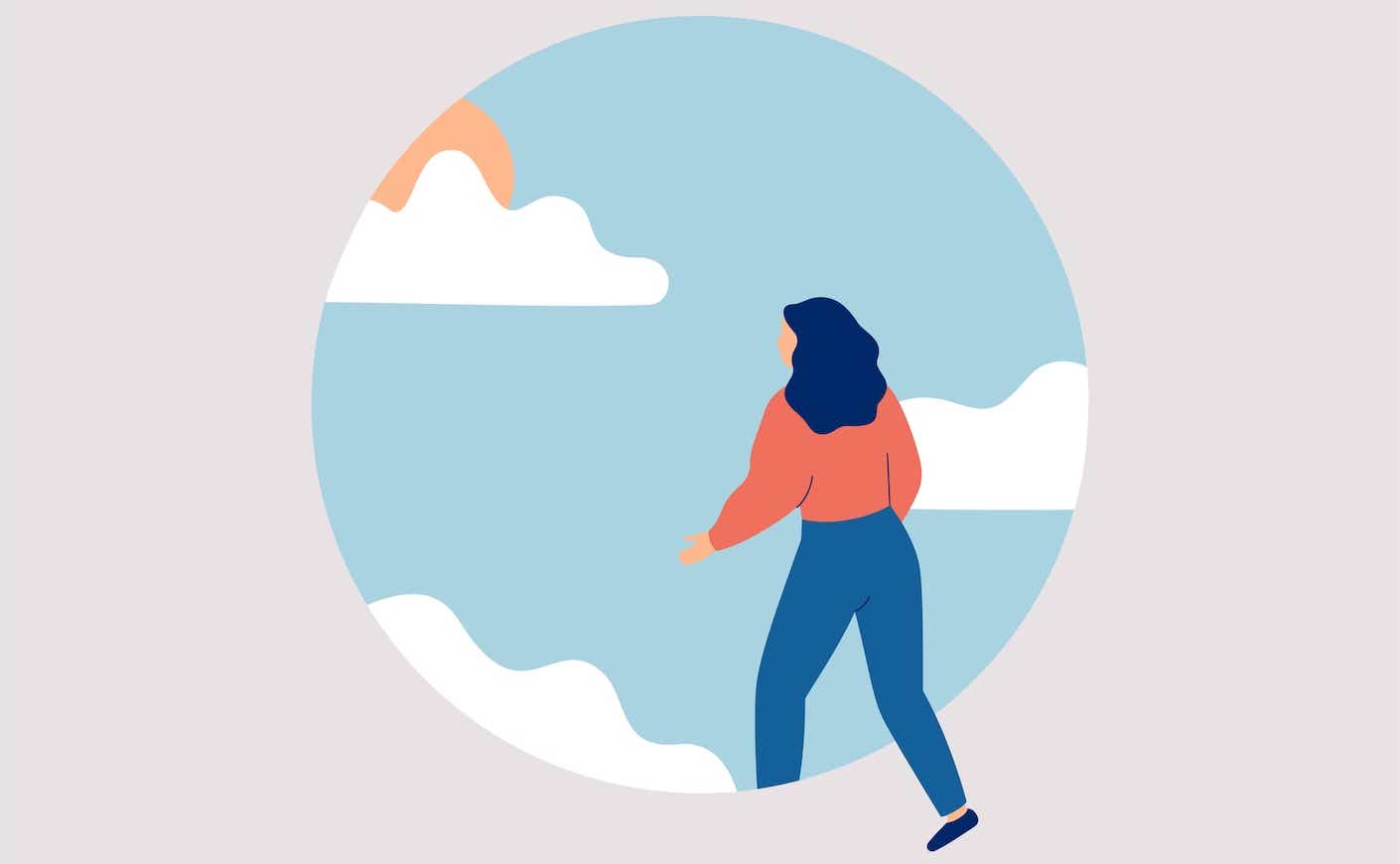 Illustration of woman walking through circle with open sky