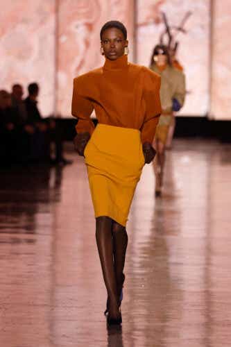 PARIS, FRANCE - MARCH 11: (EDITORIAL USE ONLY - For Non-Editorial use please seek approval from Fashion House) A model walks the runway during the Saint Laurent Womenswear Fall/Winter 2025-2026 show as part of Paris Fashion Week on March 11, 2025 in Paris, France. (Photo by Estrop/Getty Images)