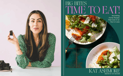 Kat Ashmore and the book cover for "Big Bites: Time to Eat"