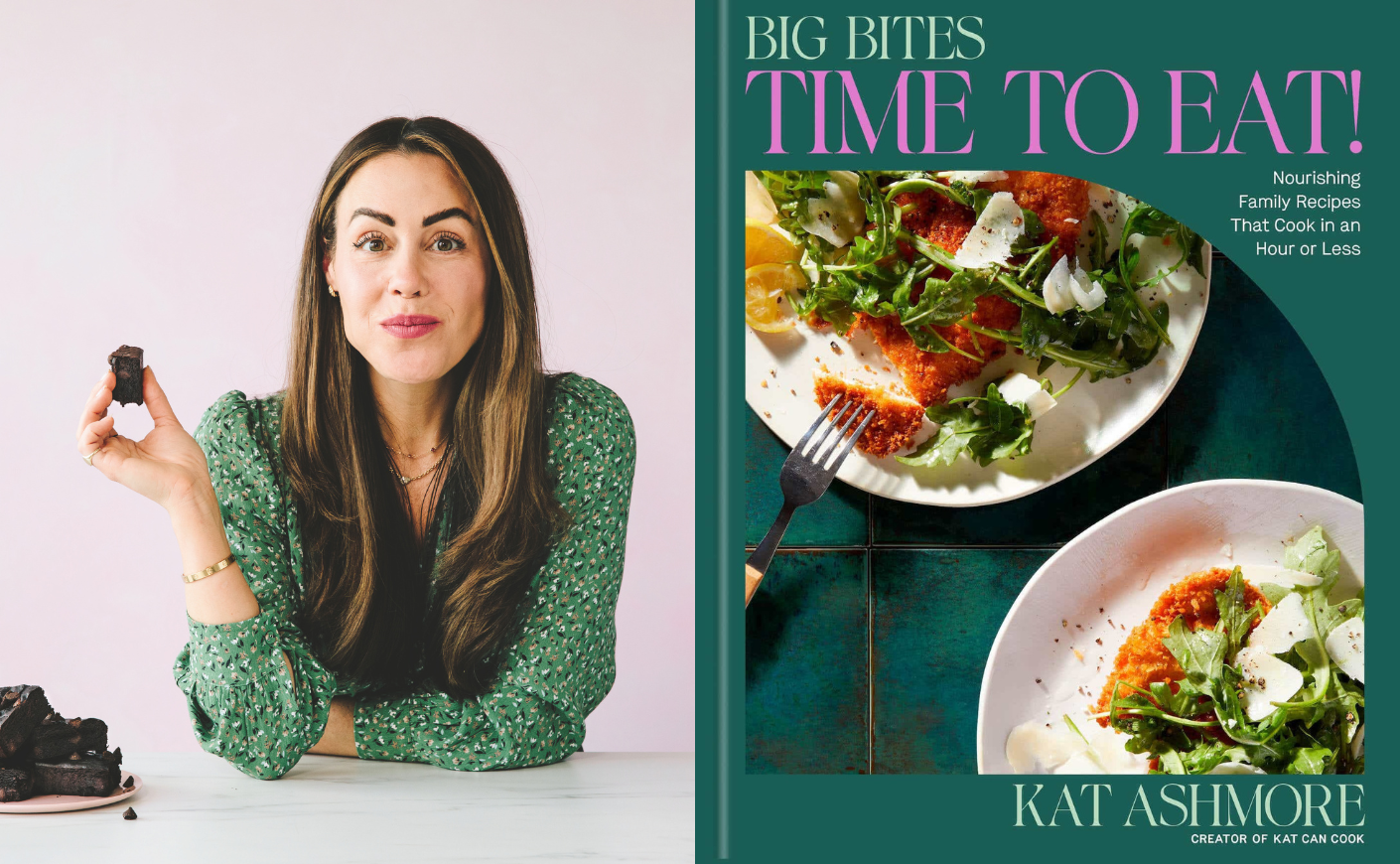 Kat Ashmore and the book cover for "Big Bites: Time to Eat"