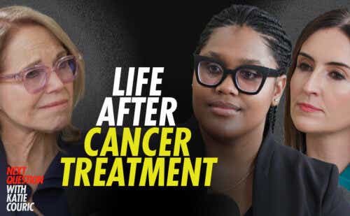 Image of Katie Couric, patient, and doctor interviewed in video with caption "Life After Cancer Treatment"