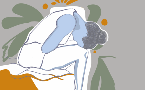 illustration of woman folded in on herself
