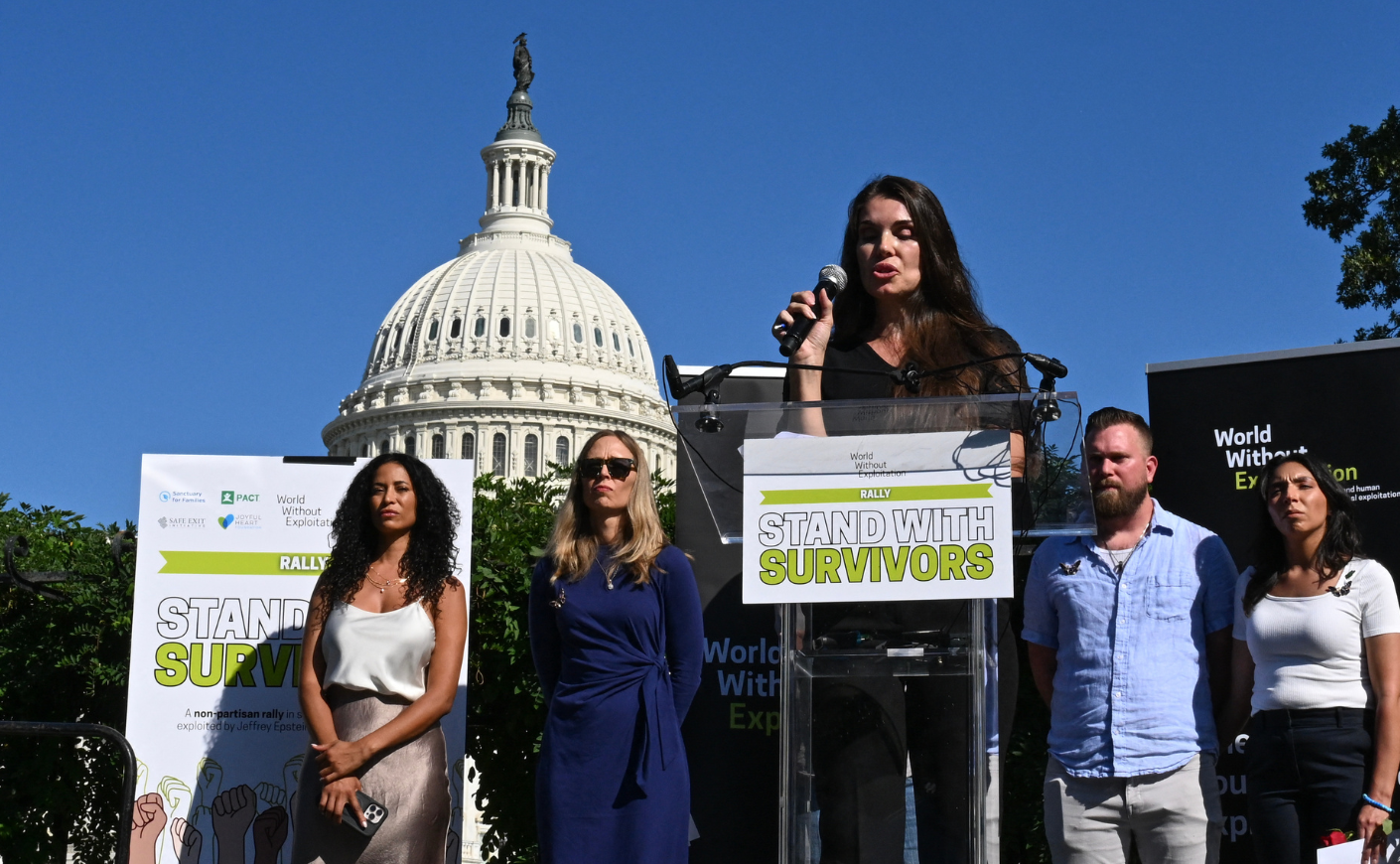 Survivors of abuse by Jeffrey Epstein speak in front of the US Capitol