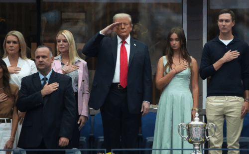 L-R) White House press secretary Karoline Leavitt, White House deputy Chief of Staff Dan Scavino, U.S. Attorney General Pam Bondi, U.S. President Donald Trump, Arabella Kushner and Jared Kushner listen to the singing of the National Anthem before the start of the U.S. Open men's singles final