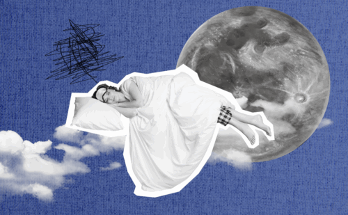 Illustration of a woman sleeping on a bed, in front of a moon and clouds