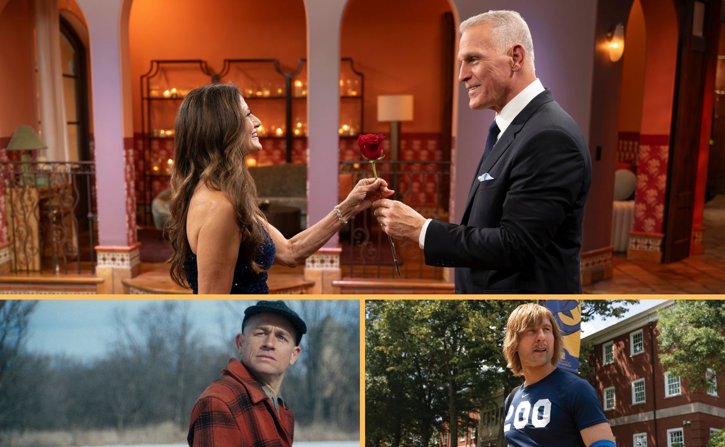 Mel Owens handing out a rose on The Bachelor; a still from Monster: The Ed Gein Story; Glen Powell as Chad Powers in Chad Powers