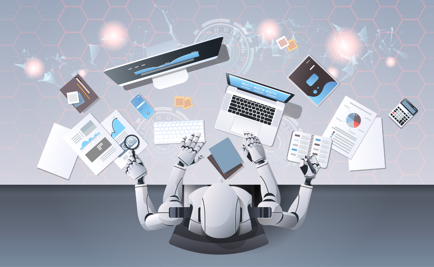 Illustration of a four-armed robot at an office desk