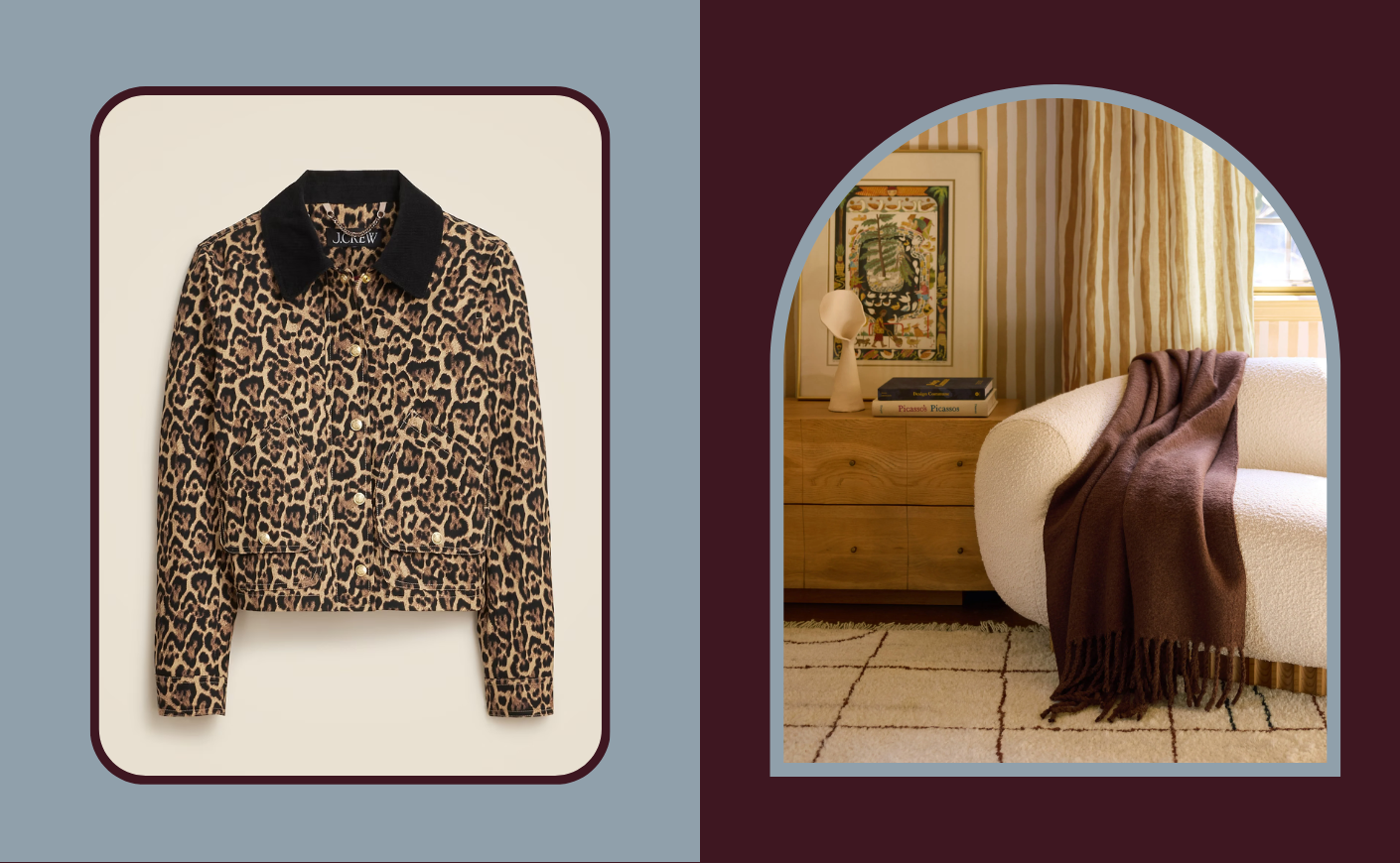 J.Crew jacket and lulu and georgia blanket on colored backgrounds.