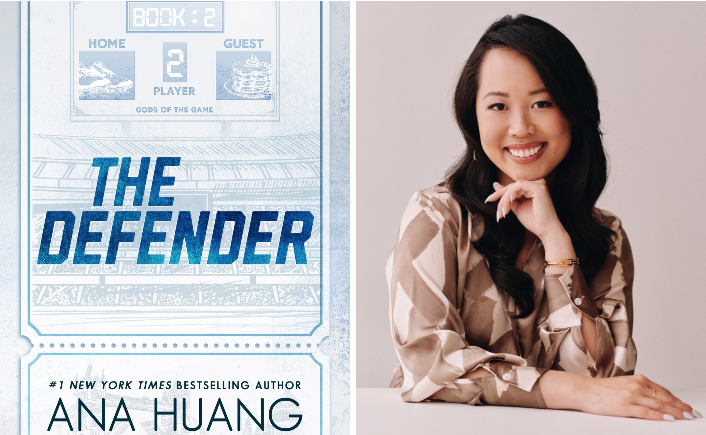 The cover of "The Defender" and a headshot of author Ana Huang