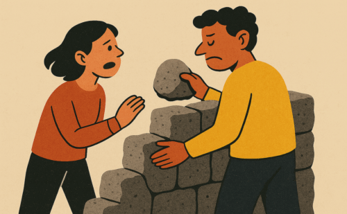 illustration of a woman talking to a man who is building a stone wall between them