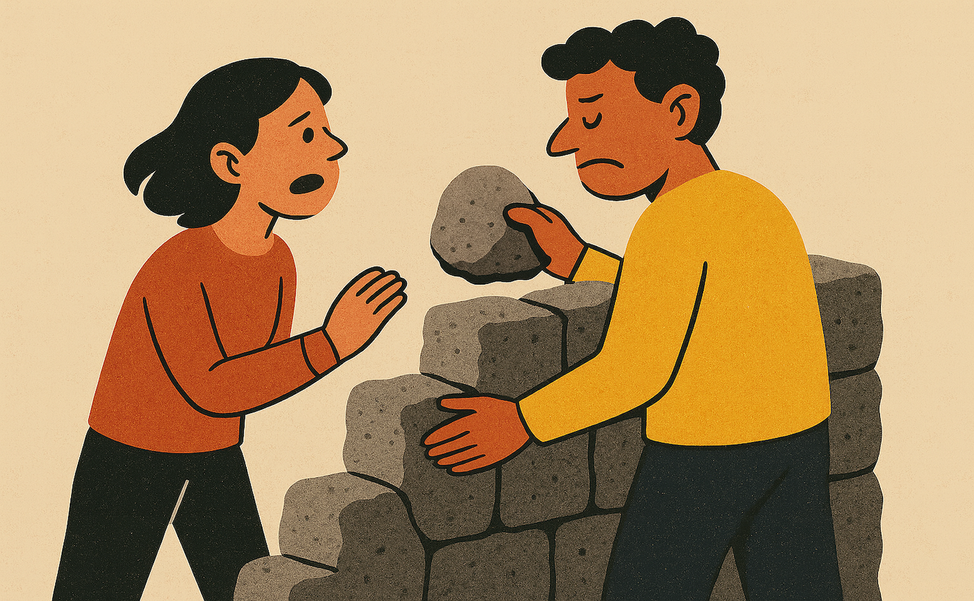illustration of a woman talking to a man who is building a stone wall between them
