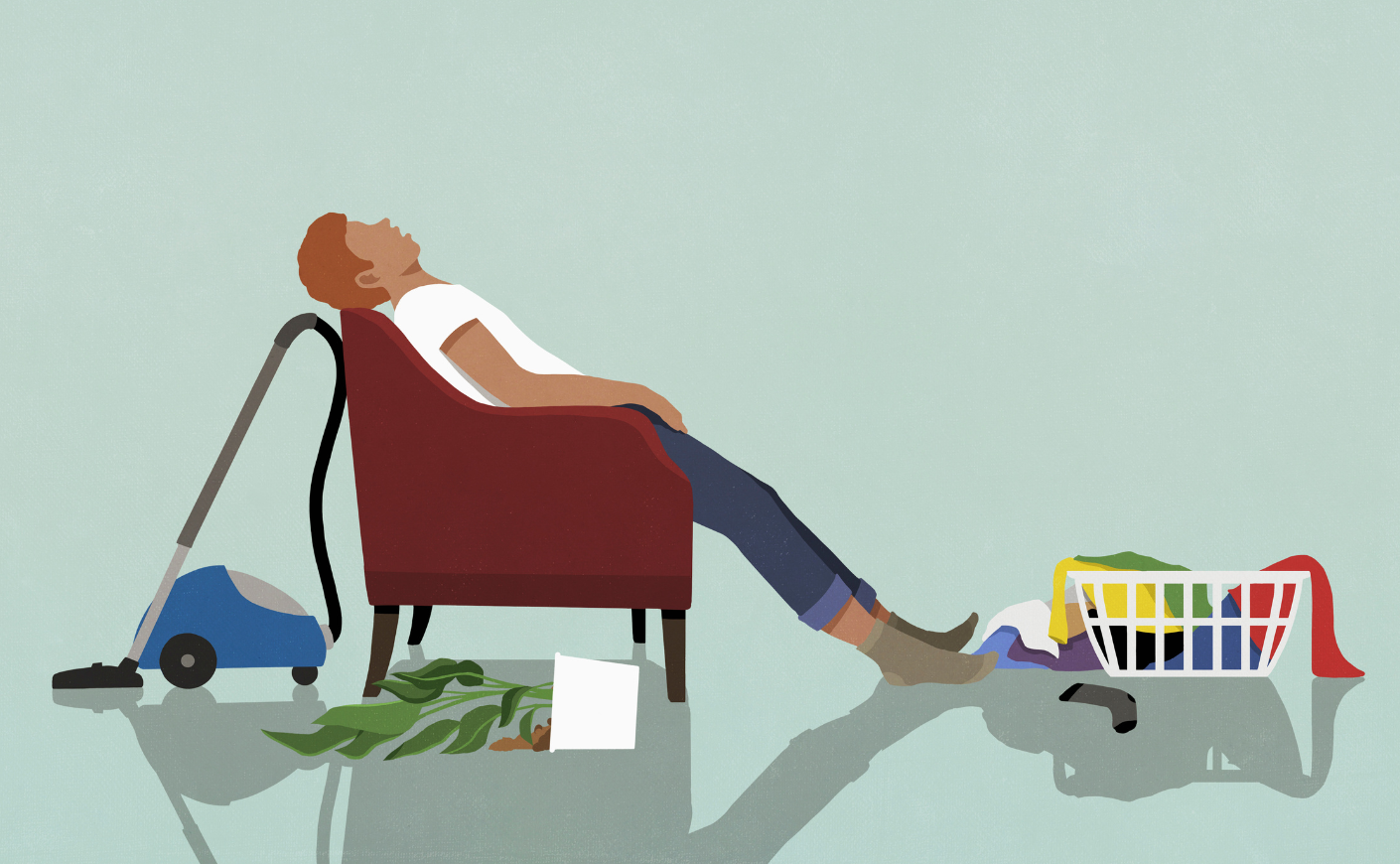 Illustration of a man sleeping next to a vacuum and a basket of laundry