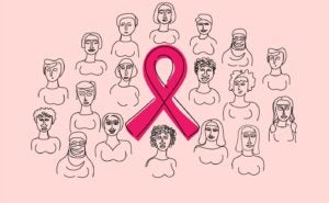Illustration of many different women surrounding a large pink ribbon