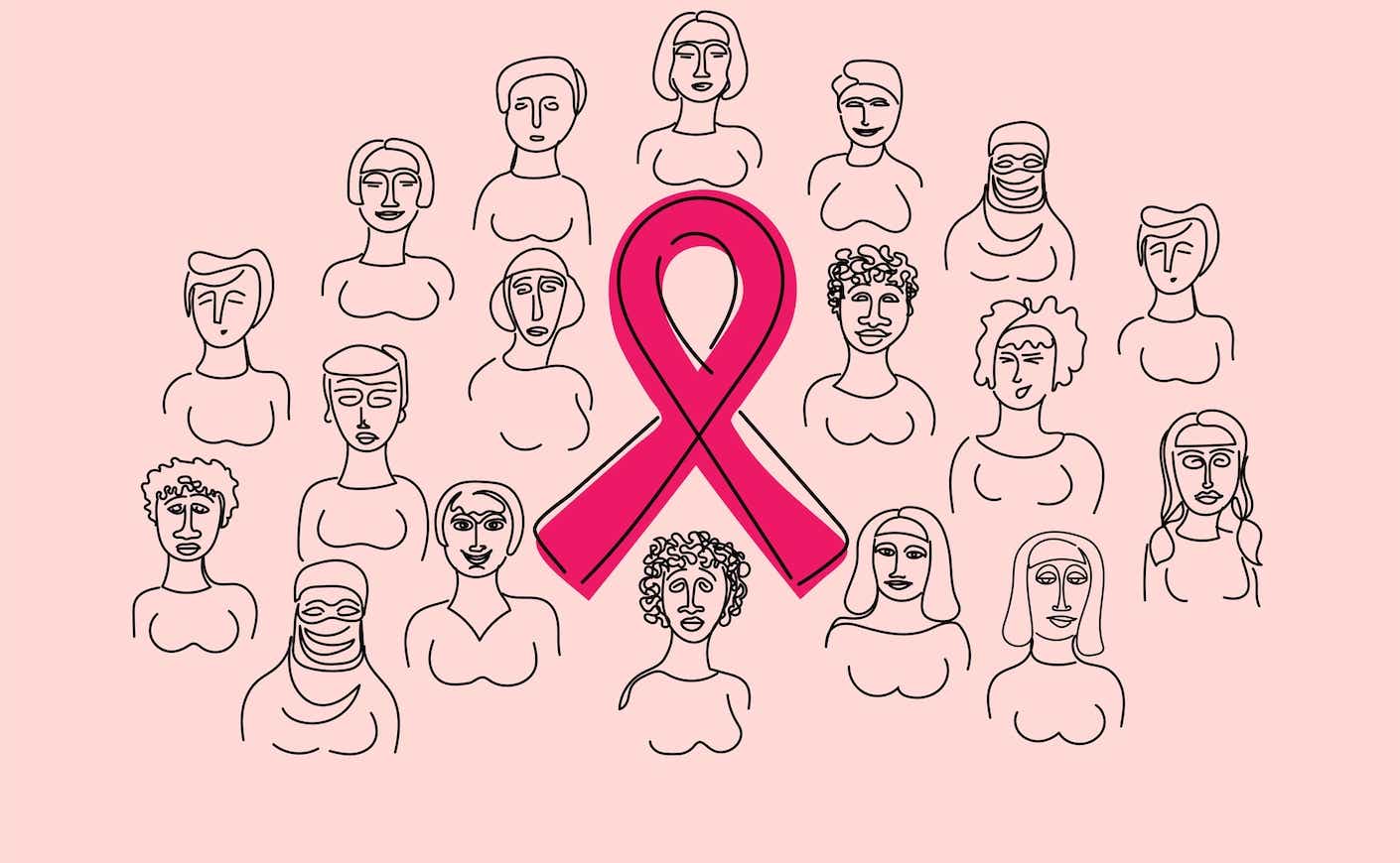 Illustration of many different women surrounding a large pink ribbon