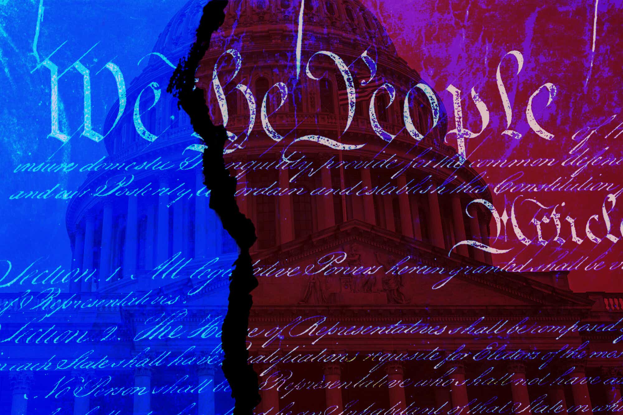 An image of the U.S. Constitution text laid over a picture of the Capitol that's split along the middle into a blue side and red side