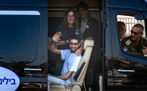 Evyatar David, a released hostage who previously appeared in a Hamas video showing signs of severe starvation, seen waving to his family