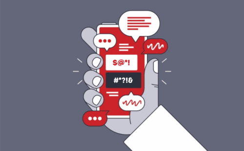 Illustration of a smart phone with expletive-laden messages coming out of it