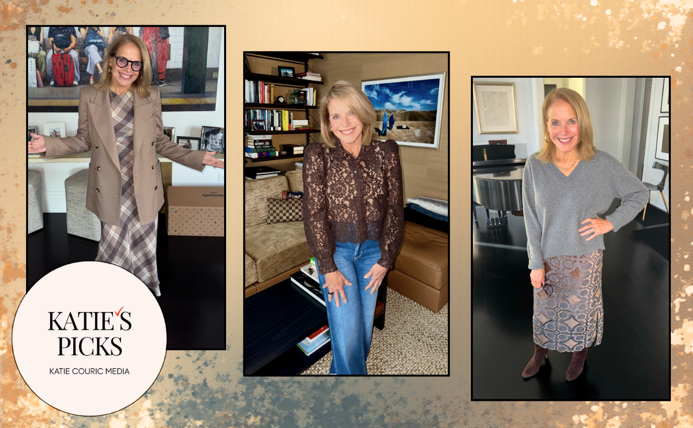 Katie Couric in three different fall outfits.