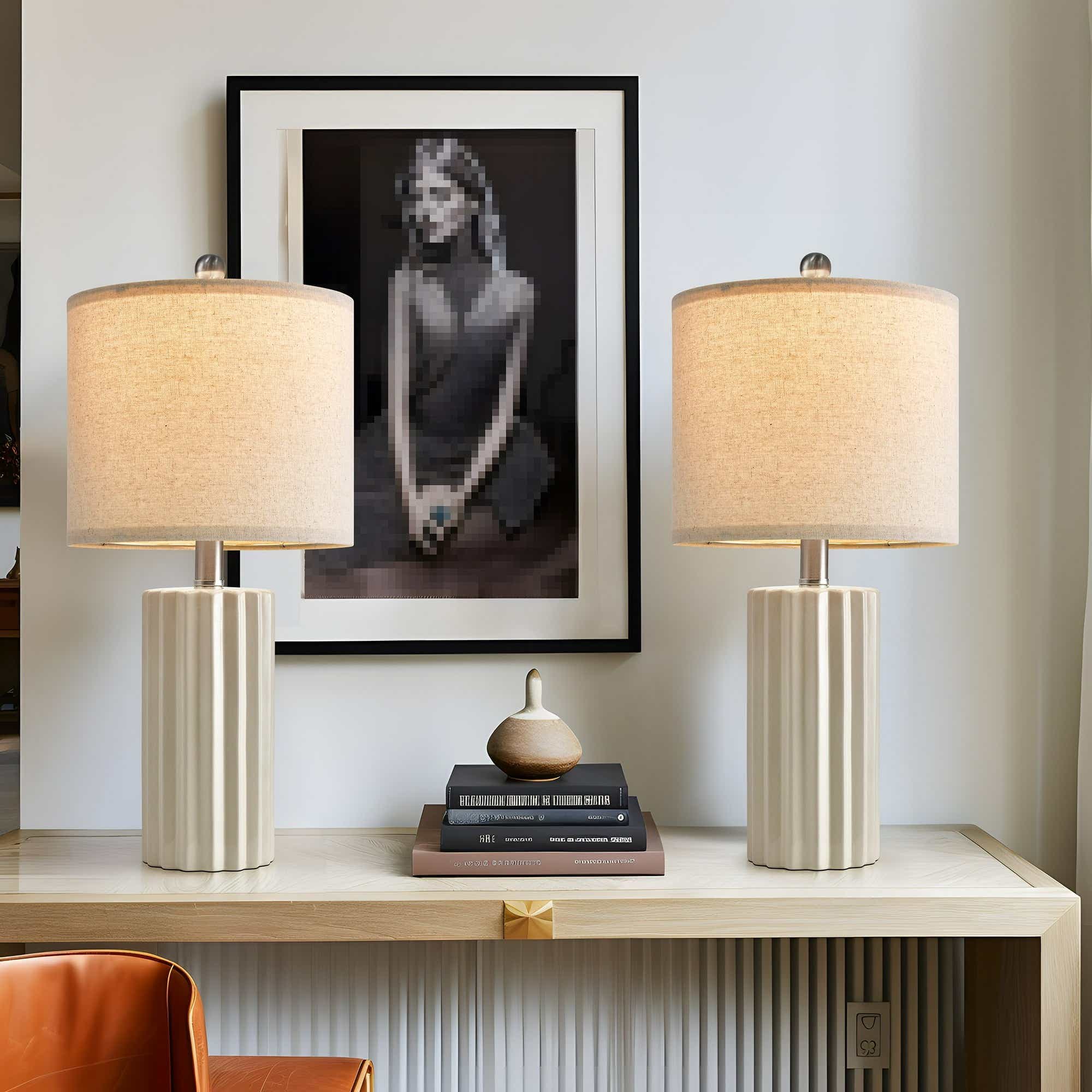 Oneach Modern Beige Ceramic Table Lamp Set of 2 for Living Room Bedroom 21" Farmhouse Nightstand Bedside Lamps