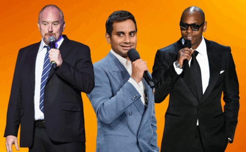 Louis C.K., Aziz Ansari, and Dave Chappelle on an orange background