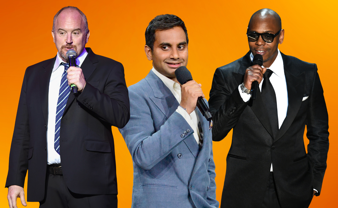 Louis C.K., Aziz Ansari, and Dave Chappelle on an orange background