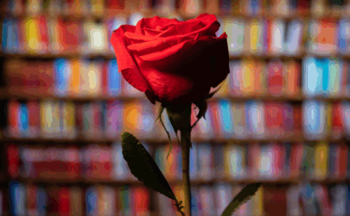 A red rose in front of a bookshelf