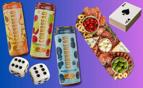 collage of cornbread drinks, dice, cards, and charcuterie plate