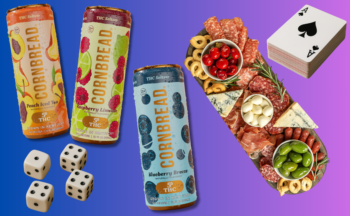 Image with Cornbread Hemp Seltzer cans, dice, playing cards, charcuterie board