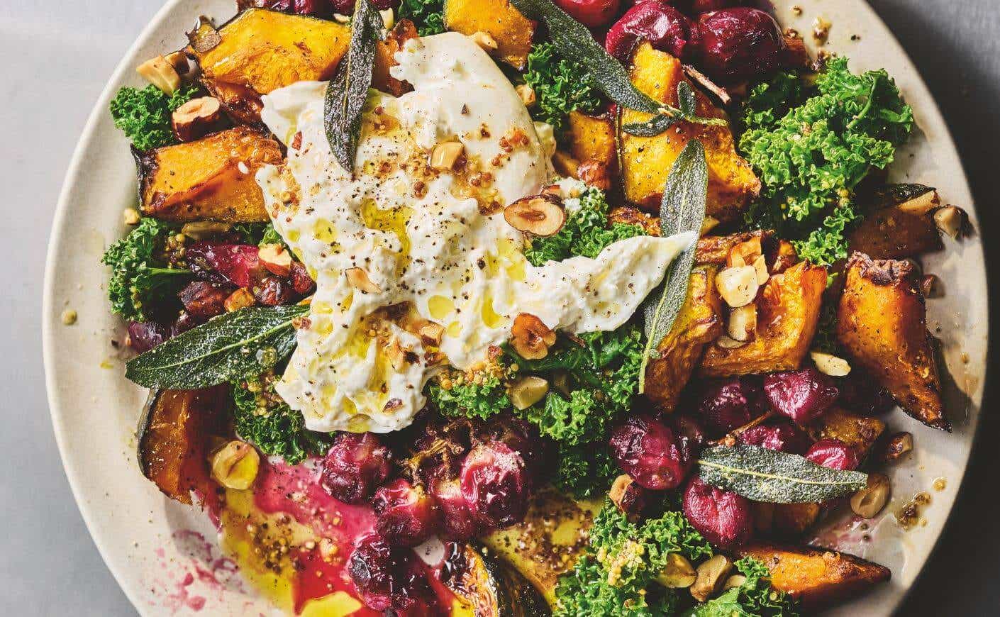 An air fried pumpkin, hazelnut, burrata salad.