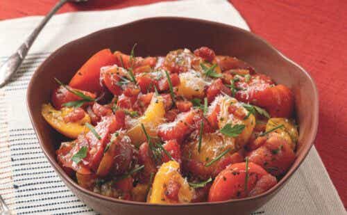 A bowl of Marinated Tomato “Amatriciana”.