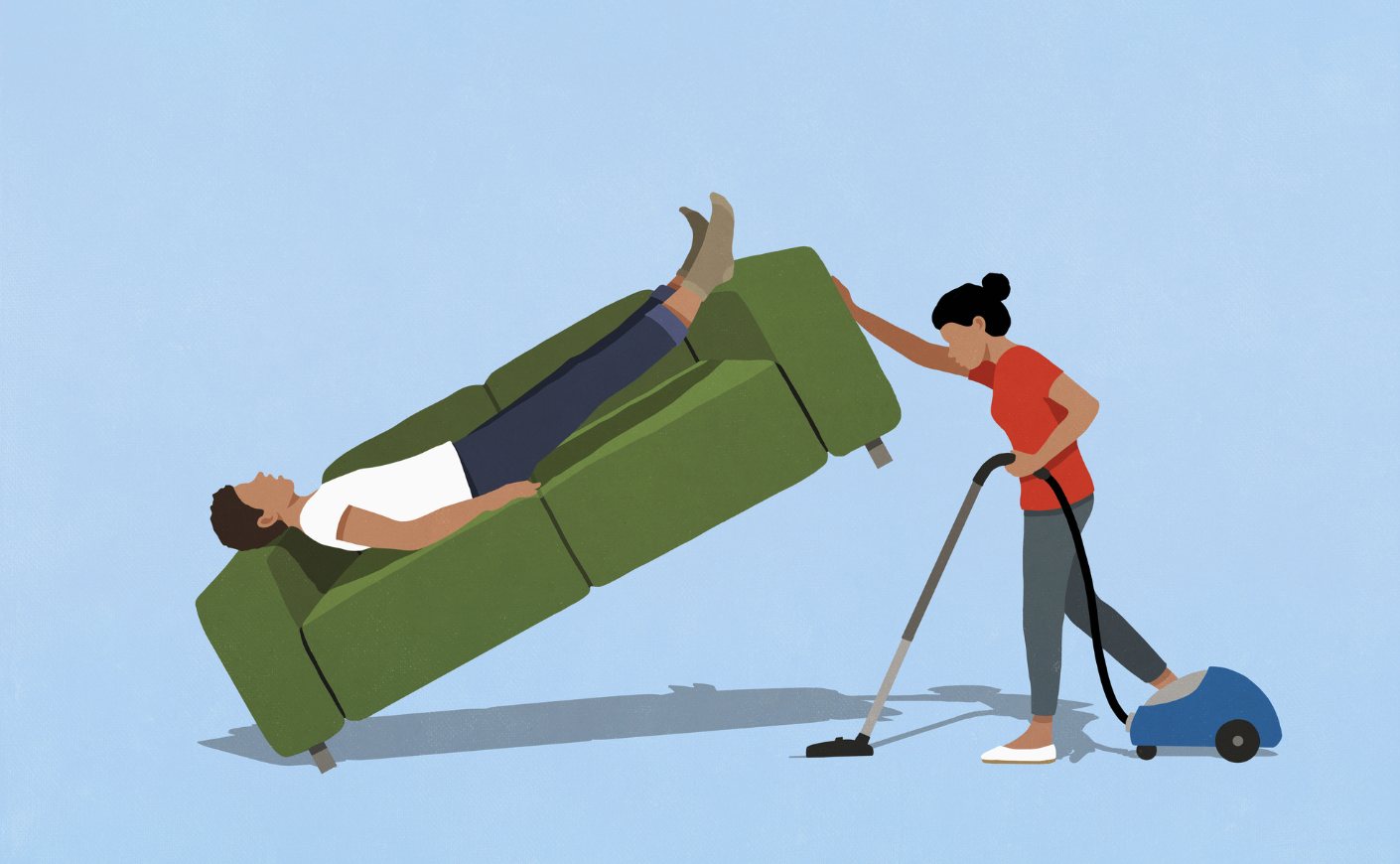 illustration of a woman lifting the couch a man is laying on while vacuuming