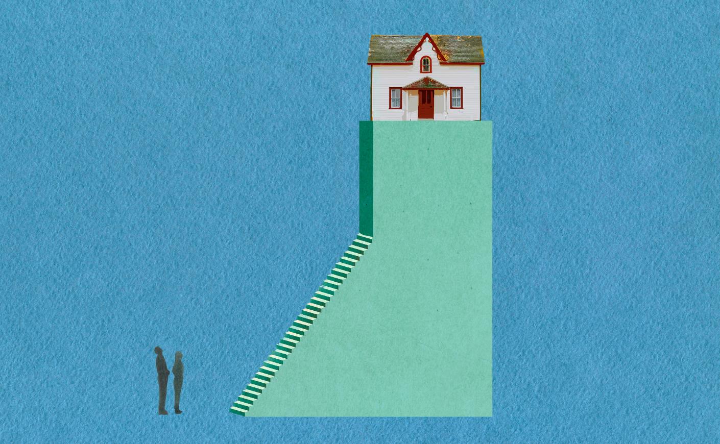 Two people looking up at a house set high on steps