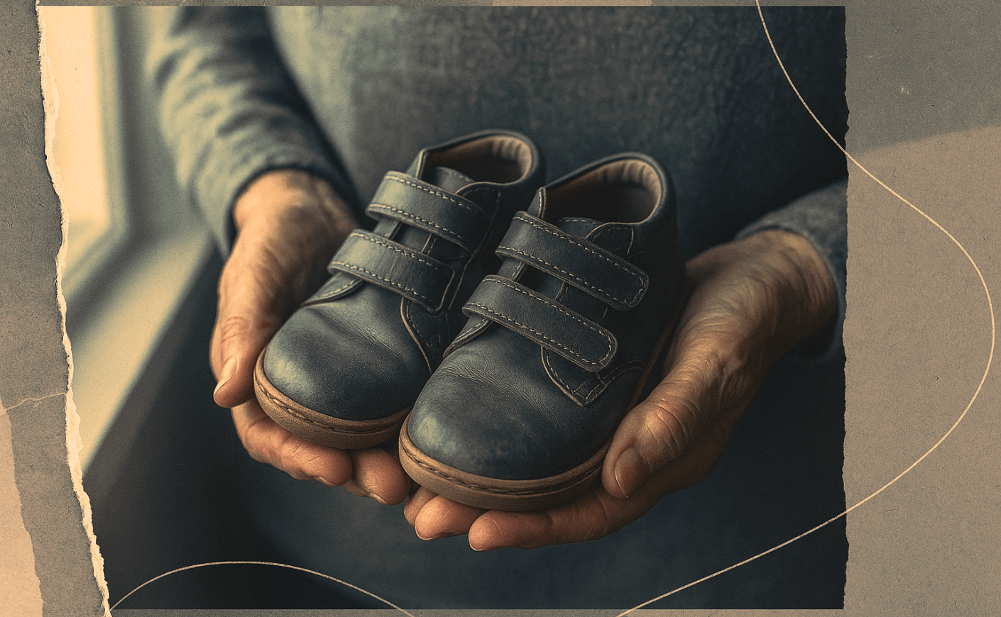 senior citizen holding children's shoes