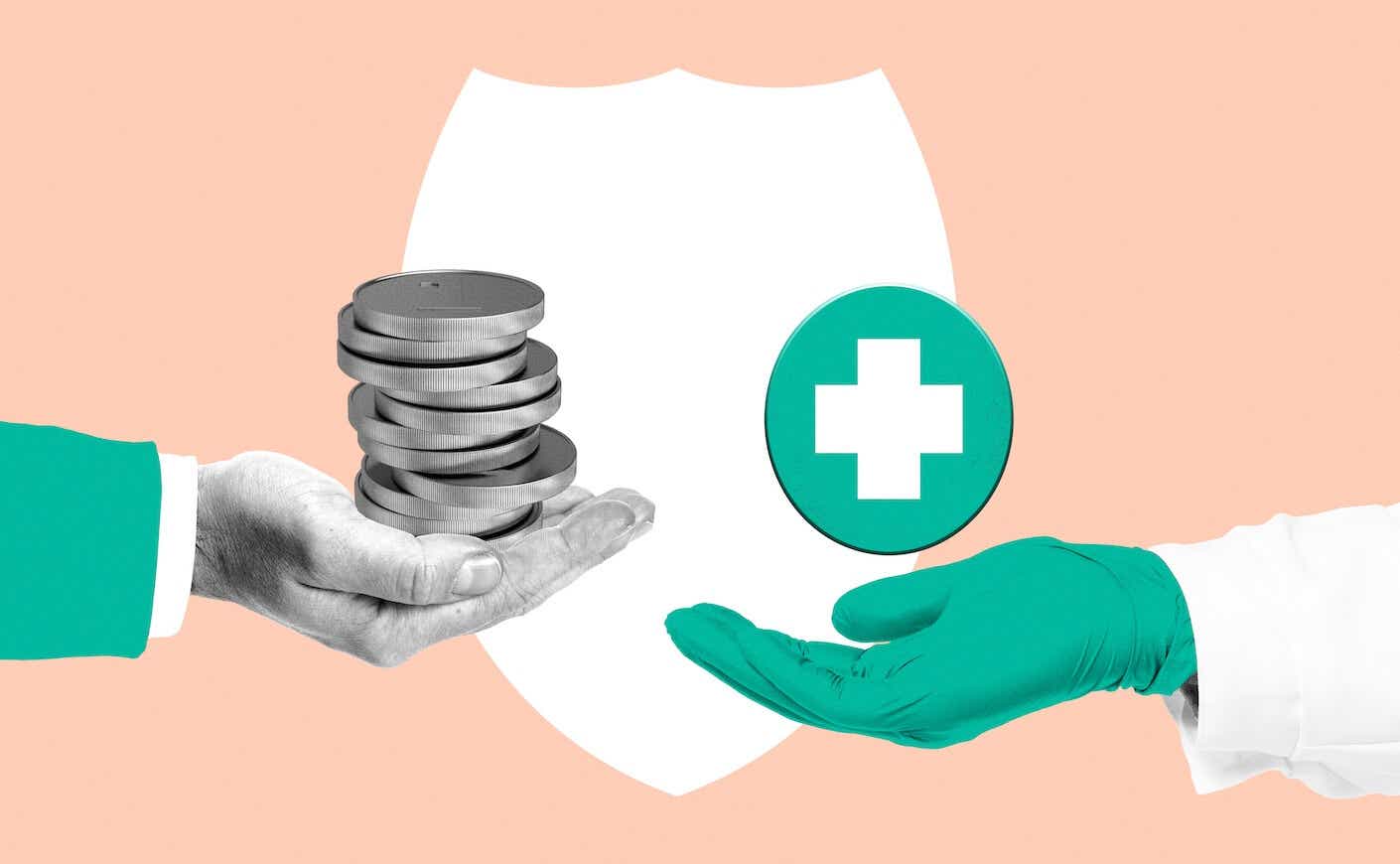 graphic of a hand offering coins to a hand holding a health insurance symbol