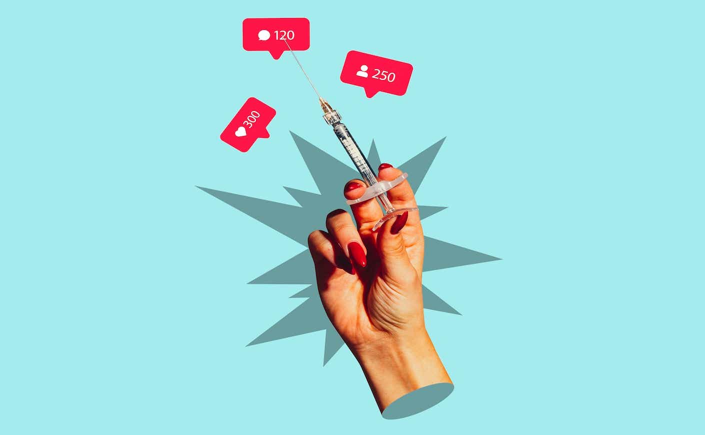 graphic of a hand holding a syringe. with social media likes coming out of it