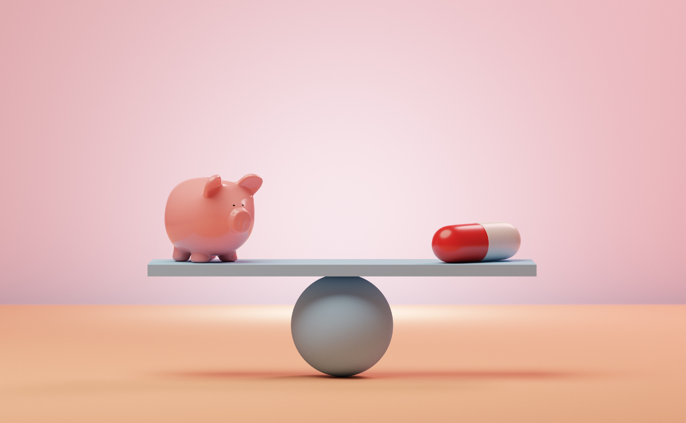 A scale with a piggy bank on one end and a red and white pill capsule on the other