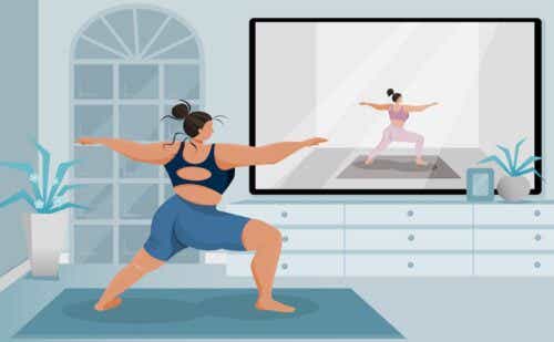 illustration of a woman in warrior 2 pose on a yoga mat watch a fitness video on her tv