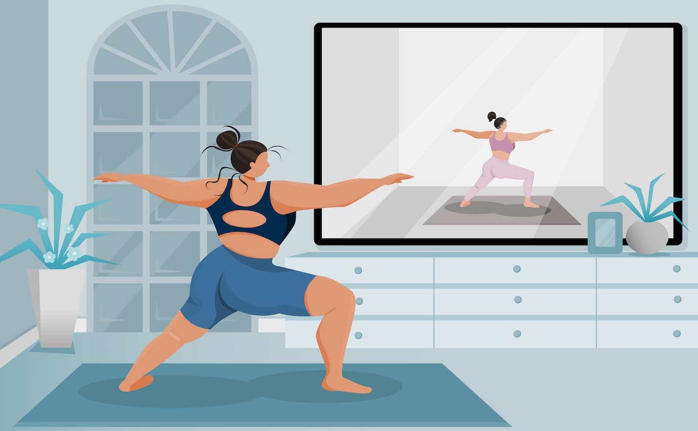 illustration of a woman in warrior 2 pose on a yoga mat watch a fitness video on her tv