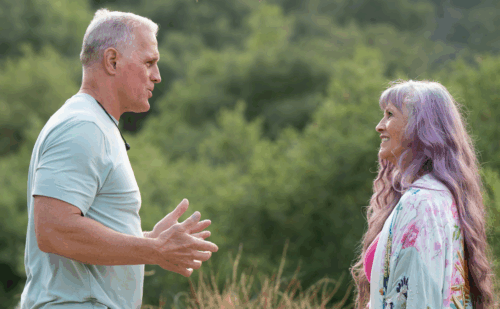 Mel Owens talking to the shaman on The Golden Bachelor