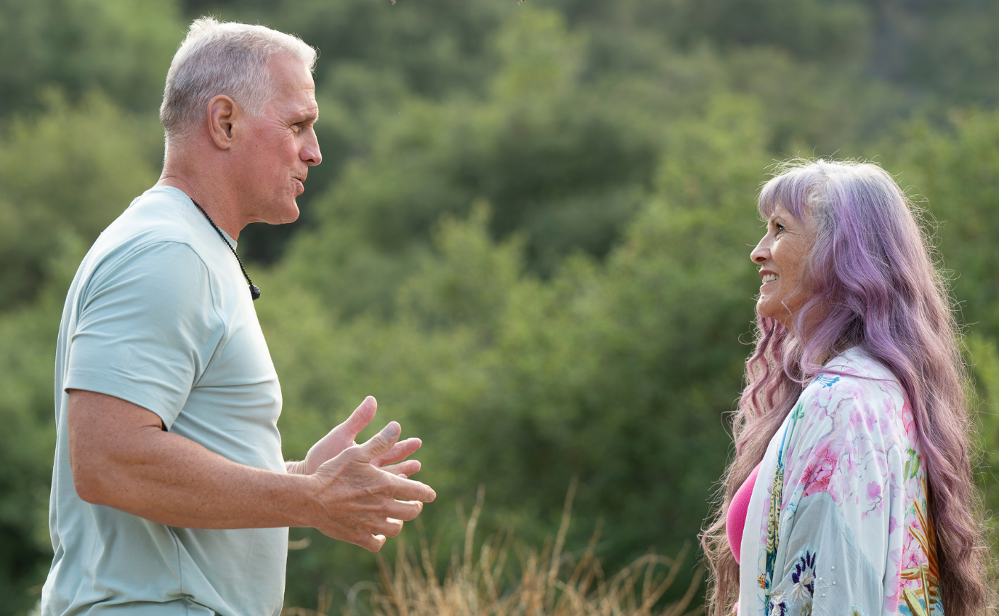 Mel Owens talking to the shaman on The Golden Bachelor