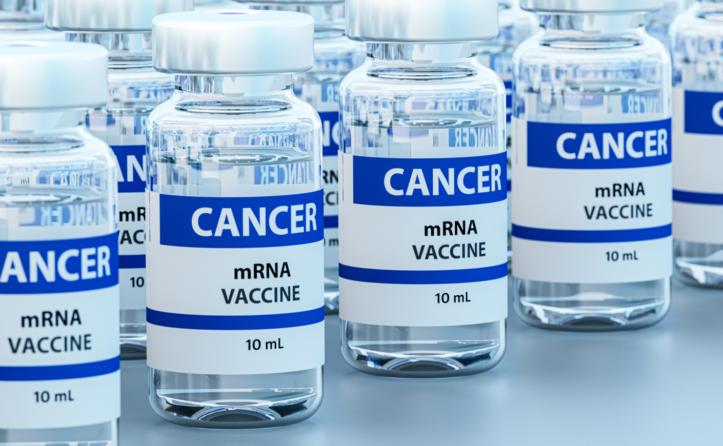 Vials of mRNA vaccines that are labeled CANCER