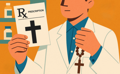 pharmacist with religious objects