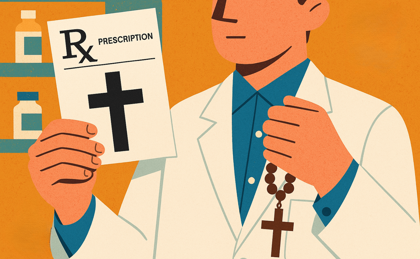 pharmacist with religious objects