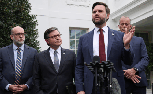 Russell Vought, Mike Johnson, JD Vance, John Thune speaking outside the White House