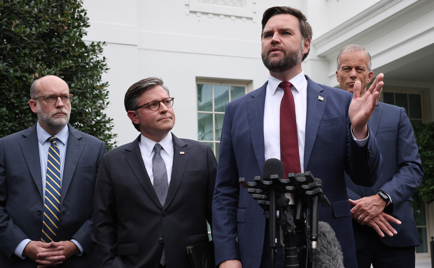 Russell Vought, Mike Johnson, JD Vance, John Thune speaking outside the White House