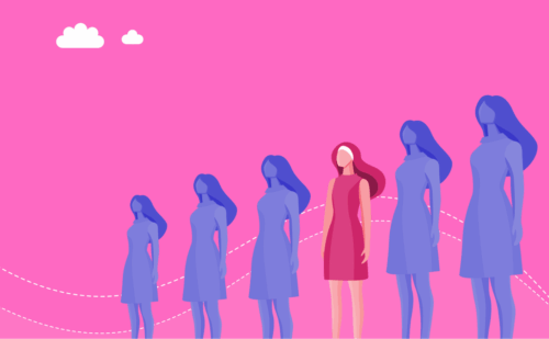 women standing in a row with pink background